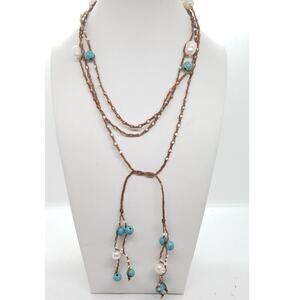 Handmade Boho Necklace Turquoise Beads Freshwater Pearl Cord 32in Ethnic Native
